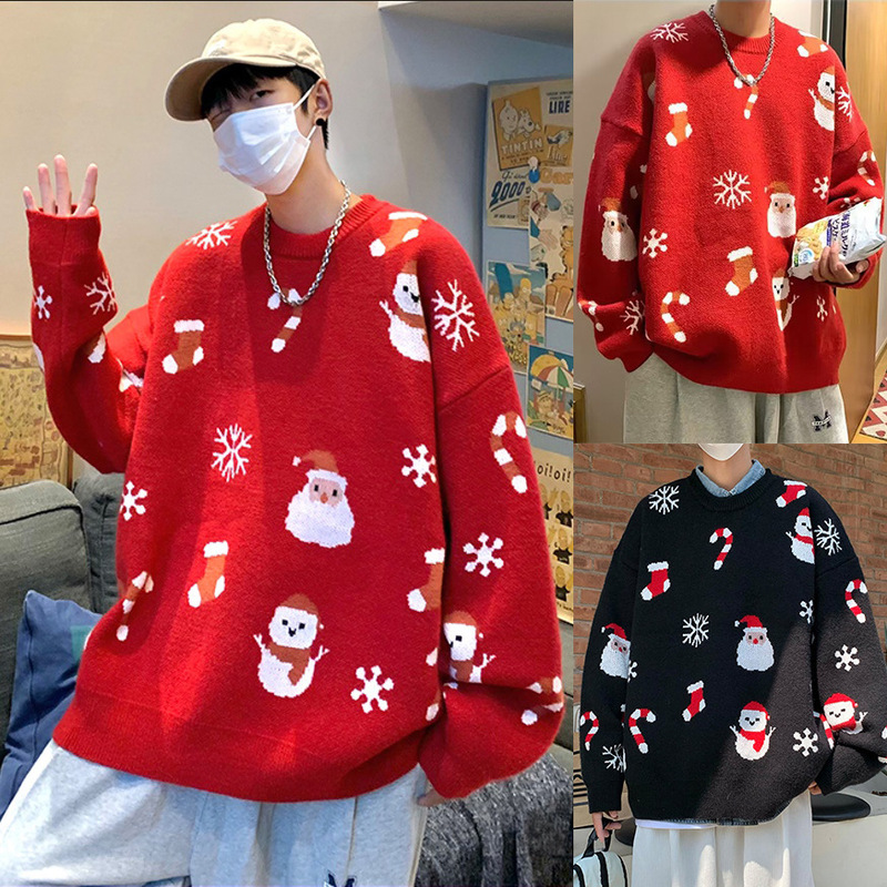 Christmas Red Knitted Sweater Men's Round Neck Loose Lazy Style Jacquard Autumn and Winter Outer Wear Trendy Foreign Trade Cross-Border Wholesale Christmas Red Knitted Sweater Men's Round Neck Loose Lazy Style Jacquard Autumn and Winter Outer Wear Trendy Foreign Trade Cross-Border Wholesale