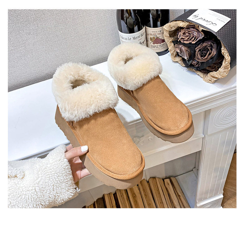 Bốt nữ cổ thấp da bò thật lót lông giữ ấm, đế dày 4 cm — Màu hạt dẻ (đế dày) chi tiết 4