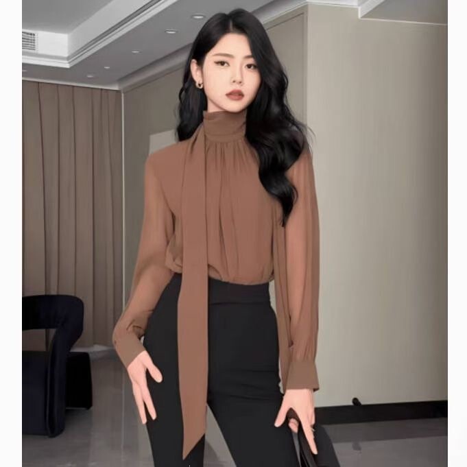 French-Style Design with an Elegant and Mature Vibe, Women's Top for Early Autumn, New High-End Ribbon Half-High Collar Long-Sleeve Shirt French-Style Design with an Elegant and Mature Vibe, Women's Top for Early Autumn, New High-End Ribbon Half-High Collar Long-Sleeve Shirt