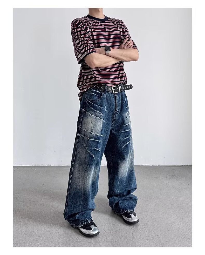 American Style Rivet Lightning Denim Jeans For Men And Women, Wide-Legged Distressed Wash Vintage Drop-Crotch Trousers, Trendy Streetwear Design_mkmklike.com