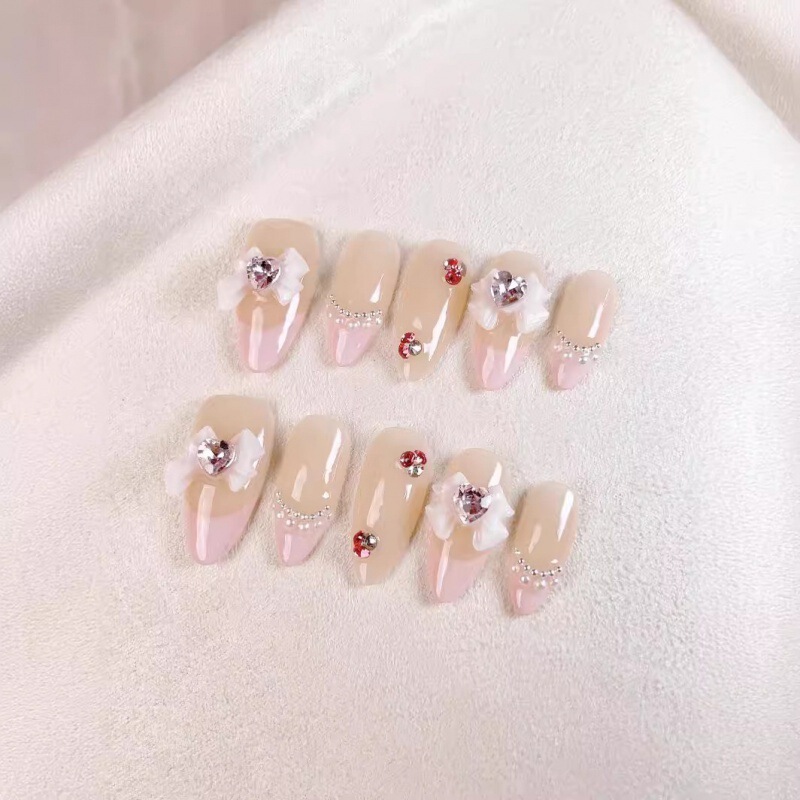 Purely Handmade Wearable Nail Art Patch Finished Product Pink Cute Style Bow Rich Daughter French New Style Purely Handmade Wearable Nail Art Patch Finished Product Pink Cute Style Bow Rich Daughter French New Style