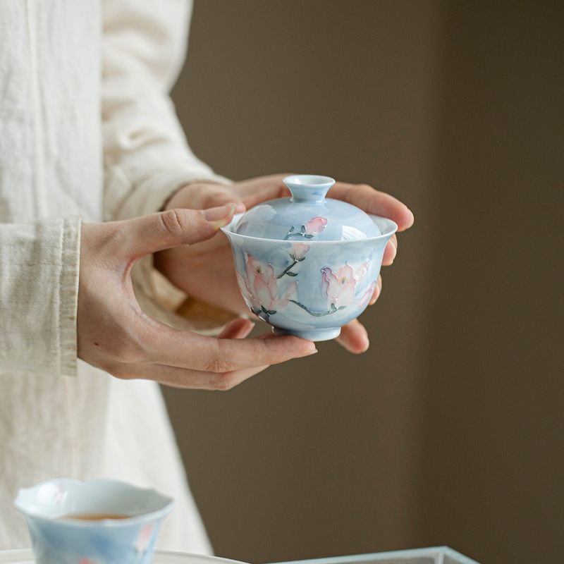 墨己手绘墨染玉兰花薄胎陶瓷盖碗功夫茶具家用泡茶碗高颜值盖碗|undefined