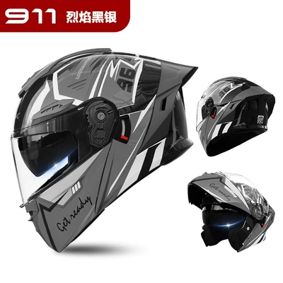 Foreign Trade Motorcycle Open-Face Helmet: Motosiklet kaskı (dəbilqə) - 911-face-mask-flame-black-silver-hd-dual-mirror