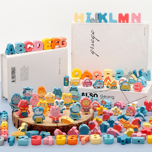 Children's Wooden Beaded Building Block Toy Baby's Hand-Eye Coordination Numbers and Letters Early Education Cognitive Matching Wearing Beads