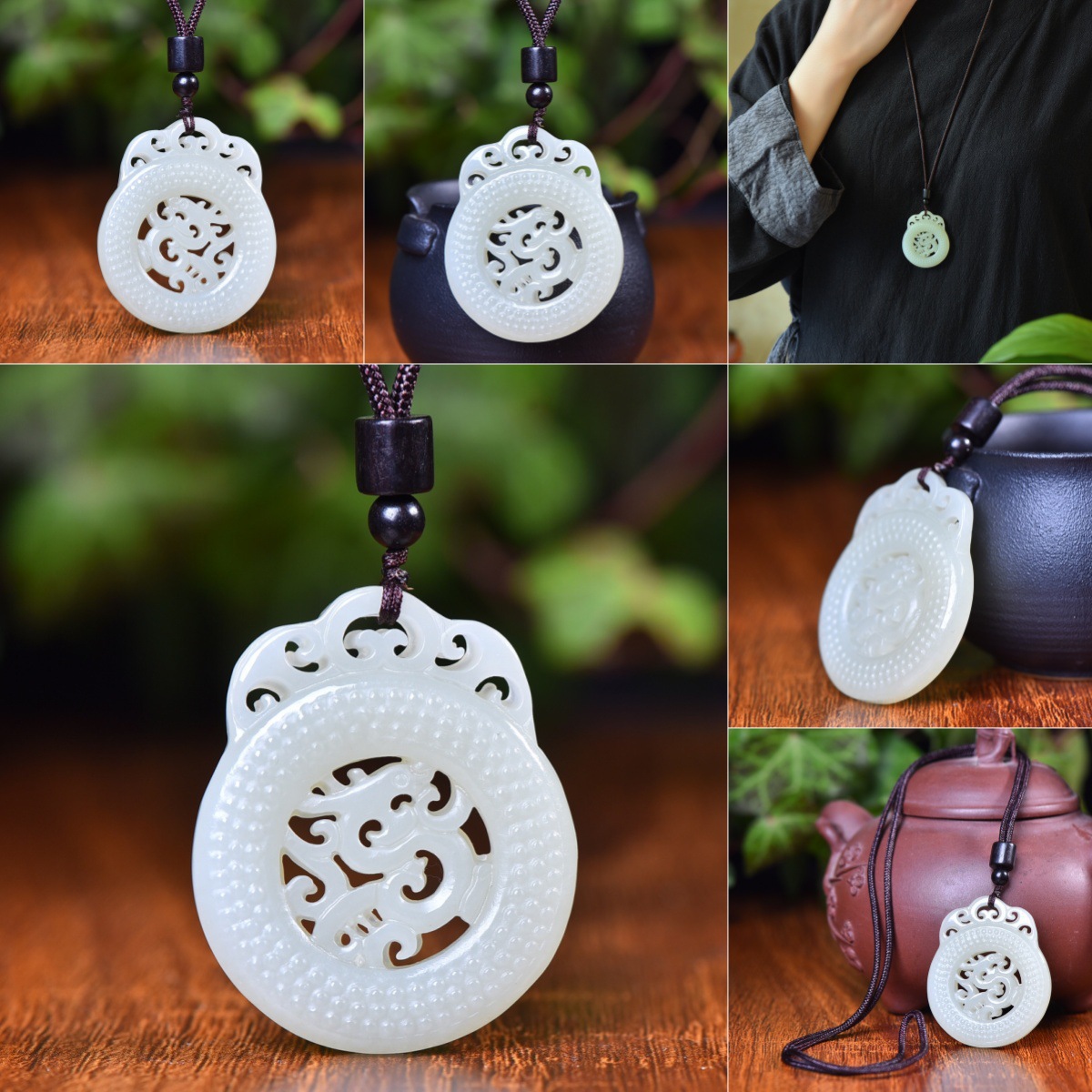 YUJIAYU FIDELITY HETIAN JADE ANTIQUE LONG YU PEI 양면 할로우 라운드 브랜드 내츄럴 제이드 조디악 드래곤 펜던트