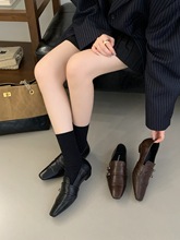 欧美方头深口单鞋女2025秋布洛克低跟时装鞋皮带扣气质青年女鞋潮