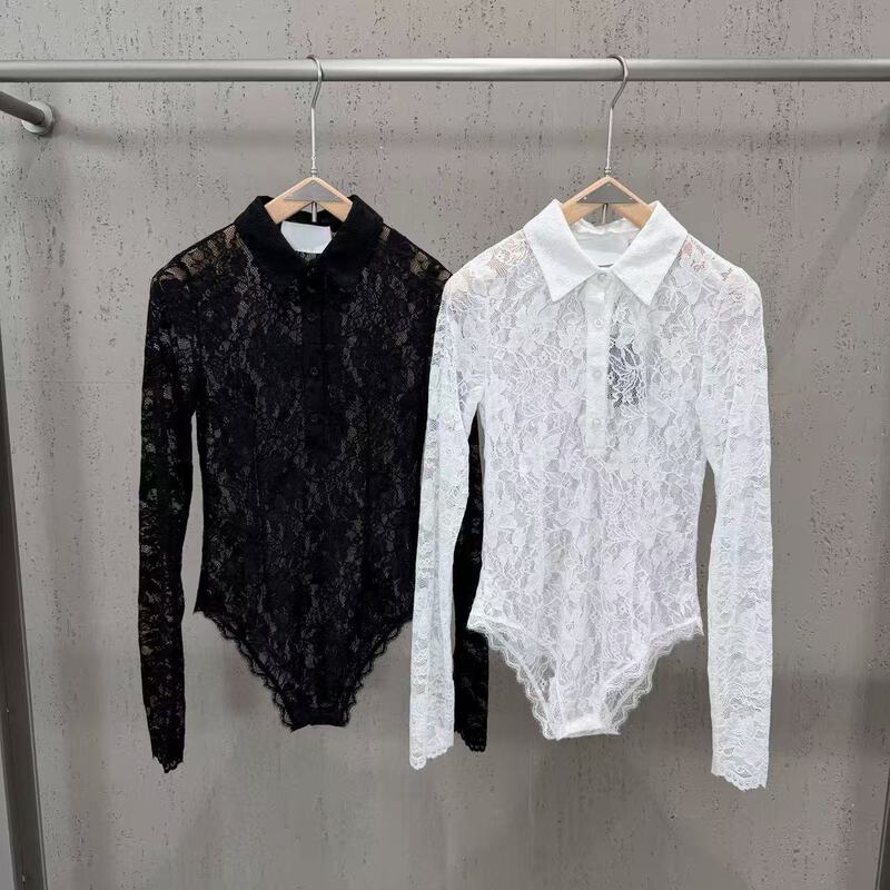 2026 Autumn/Winter Cross-Border Lace V-Neck Slim-Fit T-Shirt for Women, Long-Sleeve Sexy Hot Girl Long-Sleeve Shirt Jumpsuit