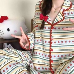 新款甜美可爱条纹草莓睡衣女春秋季长袖长裤套装美少女休闲家居服