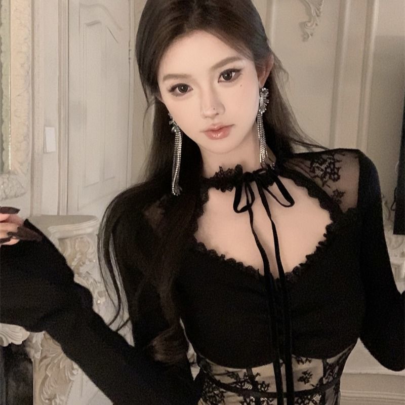 Long-sleeved T-shirt Women's High-end Lace-up Lace Stitching Pure Desire Design Sexy Slim-fit Base Short Top