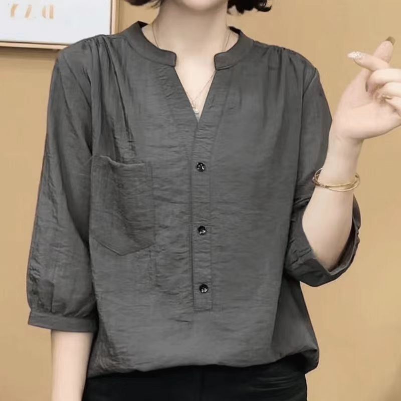 Loose Summer Thin Plus-Size Fashion Design Elegant Slimming Solid Color Mid-Sleeve Shirt for Moms Age-Reducing Top Shirt