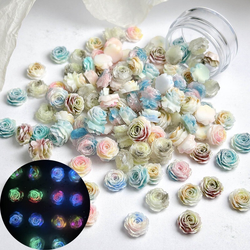 Oil Painting Style Beloved Rose Nail Art Jewelry Stereo Soft Glue Blooming Flowers DIY Luminous Resin Bracelet Beads