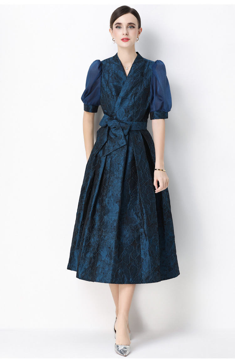 Đầm maxi nữ thắt eo V cổ tay ngắn họa tiết jacquard thanh lịch — màu đen, xanh lam, Màu hồng, màu trắng chi tiết 32
