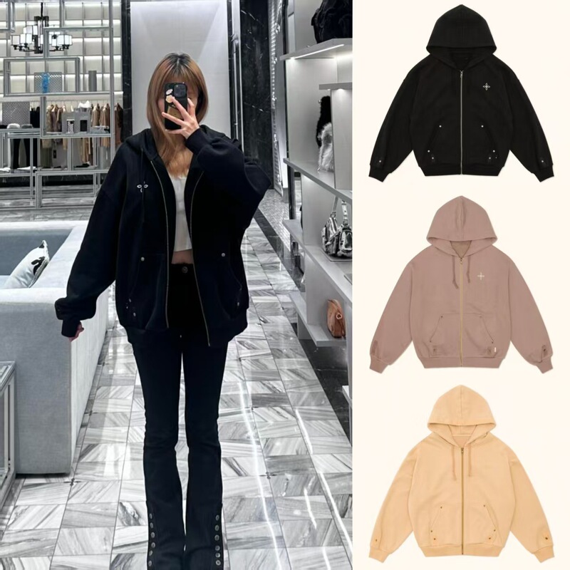 In-Stock Cross-Pattern Classic Zip-Up Hoodie Loose Fit Outerwear Top 24 Spring New Collection