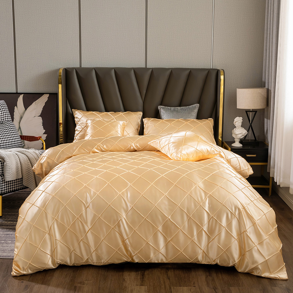 跨境wish亚马逊ebay家居冰丝绸缎色丁布枕套色丁方格三件套外贸