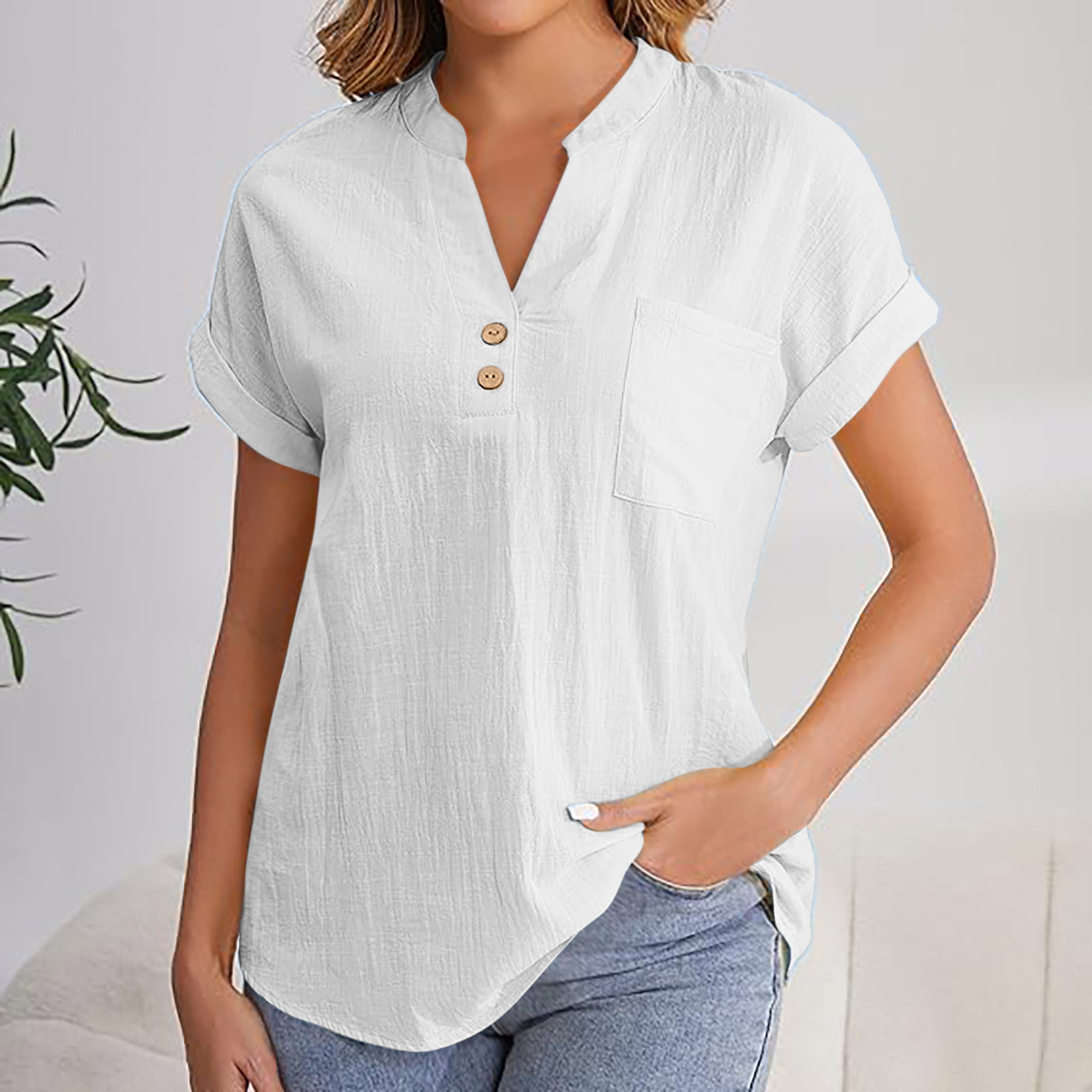 2025 European American Summer Solid Color Buttoned Short-sleeve Women's Shirt, Cotton-linen, Washed, Wrinkled,_ecoleips.com