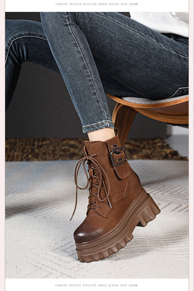 Boot nữ cổ thấp phong cách Anh quốc cổ điển, khóa kéo bên hông, đế dày 10 cm tăng chiều cao — Lót nhung đen chi tiết 5