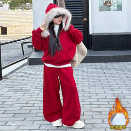 【德绒复羊驼430克】女童毛领套装中大童冬装拜年新年洋气两件套