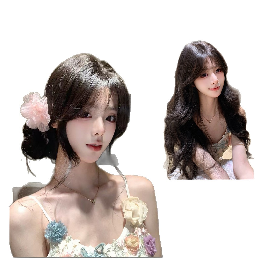 Peruca Konni da deusa namorada - sem rede de cabelo, cabelo ondulado volumoso, pedaço de cabelo falso com coroa alta ultrafina e sem costura