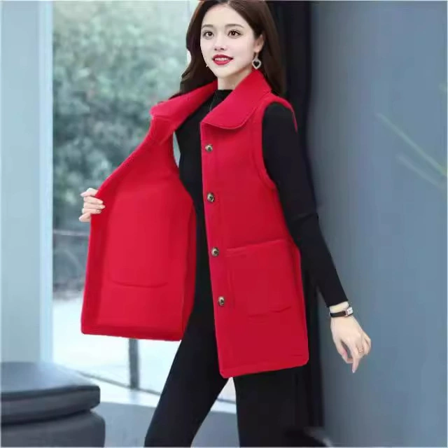 Mid‑length sleeveless vest, spring long jacket, button front with pockets, sizes XL–5XL