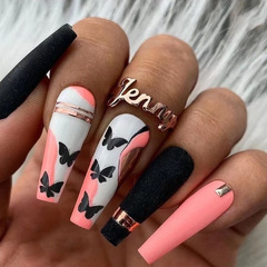 Long ballet matte black butterfly nail art sweet cool European and American texture false nail set wearable nail sticker
