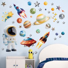 太陽系子供用ウォールステッカー宇宙飛行士スターUFO惑星宇宙船ウォールステッカー男の子と女の子の部屋用