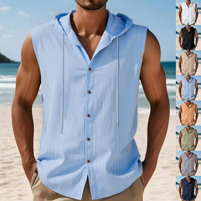 Nuevo transfronterizo Amazon nuevo estilo americano de verano hombre relajado casual lino sólido con capuchón camisa sin mangas