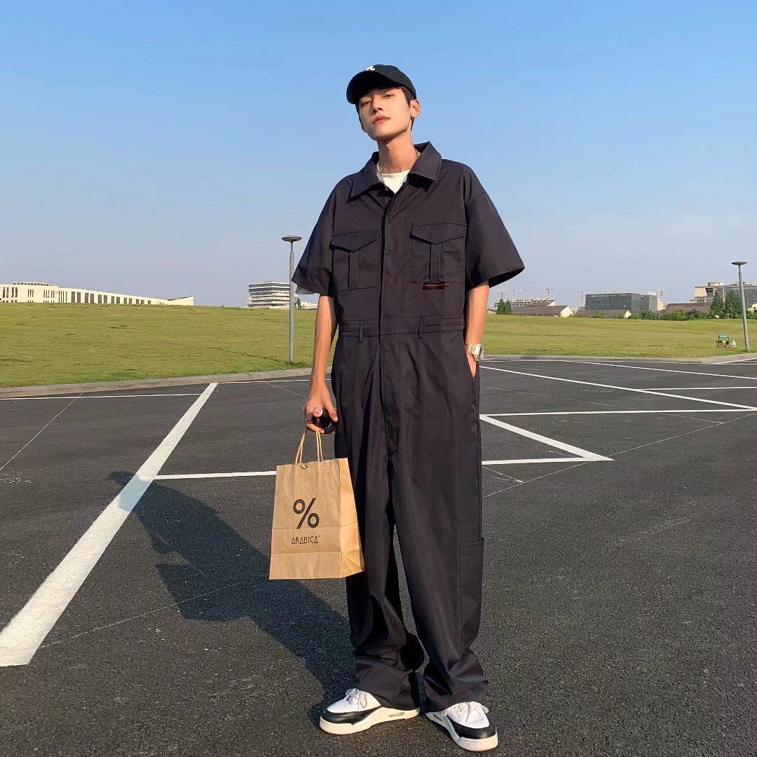 American Functional Style Workwear Jumpsuit Men's Trendy Loose Summer High Street Handsome Casual Shirt Jumpsuit Suit