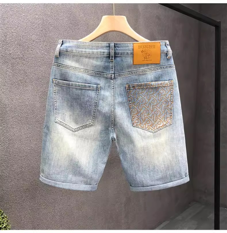 Light Blue Men's Distressed Denim Shorts High Waist Stylish Straight Leg Mid-Length Five Pocket Summer Trendy Clothing_mkmklike.com