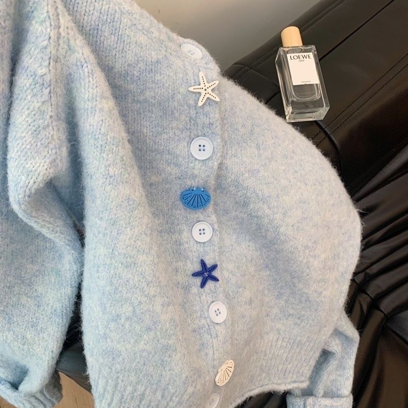 代发奶蓝色温柔风软糯高级感针织开衫春秋季女奶慵懒减龄毛衣氨纶|undefined