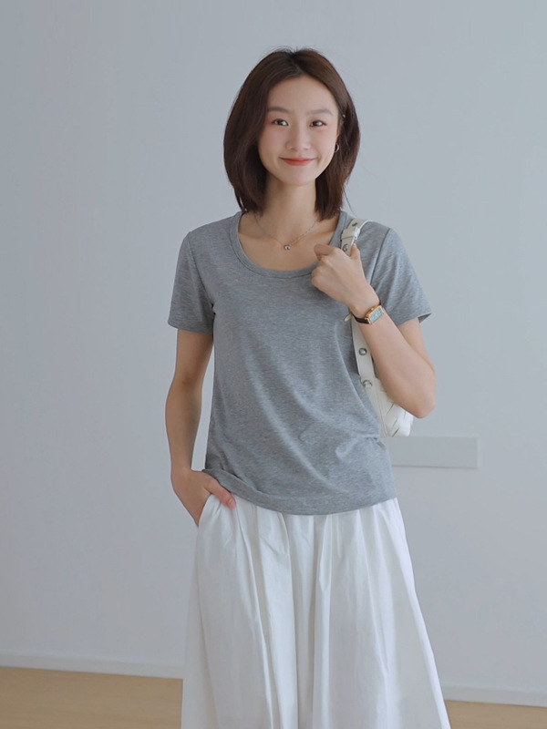 莱赛尔天丝大圆领T恤女短袖正肩外穿显瘦露锁骨半袖体恤衫|undefined