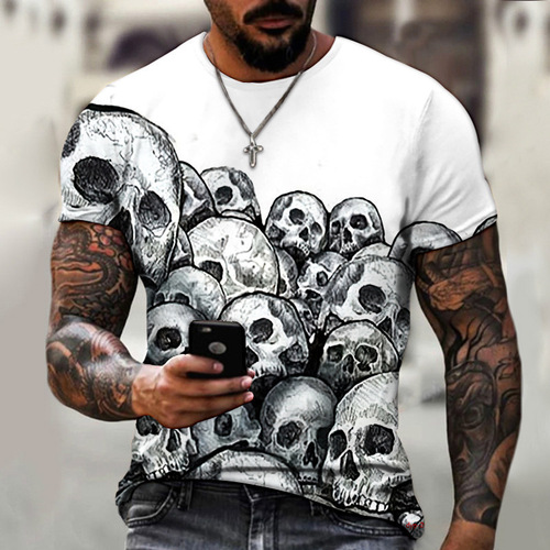 Summer New Print T-shirt Round Neck Short Sleeve Men Cross-border Digital Dark Horror Skull 3D Printed Dots