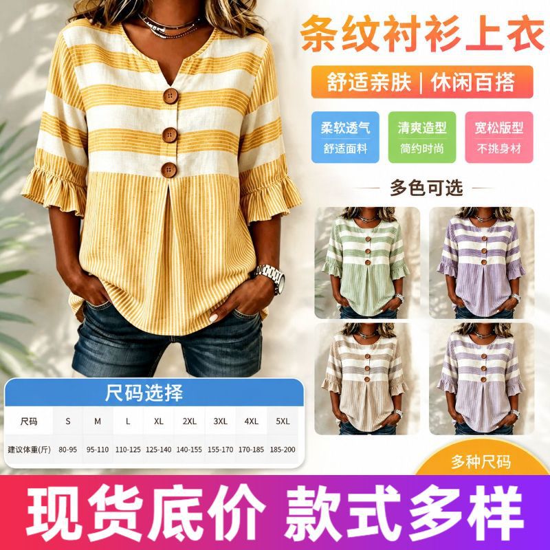 2026 cross-border Amazon independent station summer new fashion fashion plaid stripe printed half-sleeved button top