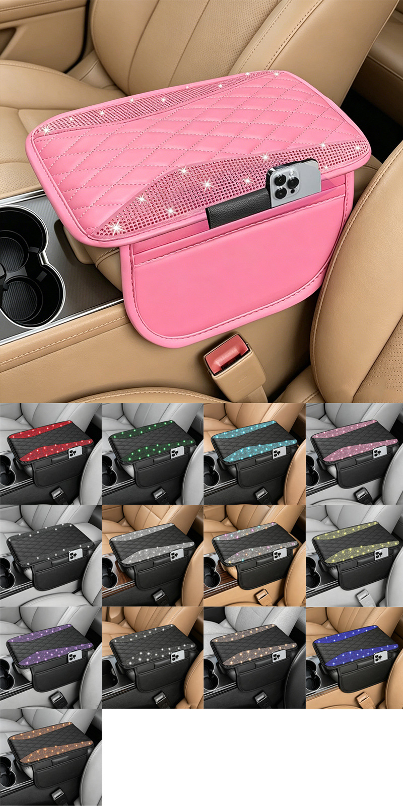 Car Armrest Box Mat, Crystal Diamond Center Console Cover, Leather Protective Mat, Armrest Pad, Side Storage Bag Protective Mat