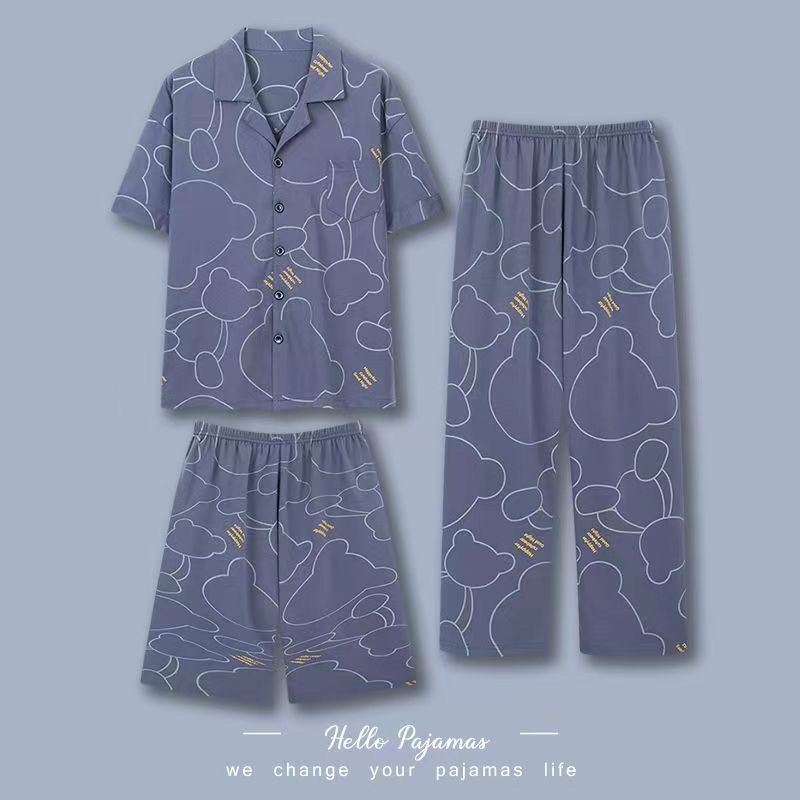 100% algodón pijamas de los hombres de tres piezas de verano Pantalones de manga corta ropa para el hogar traje de los hombres