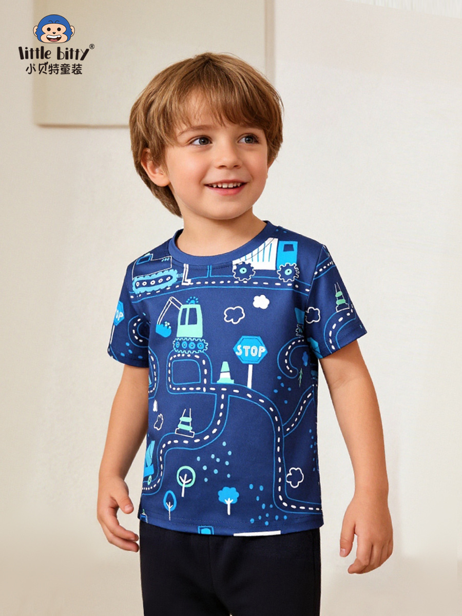 Cross-Border Supply 2026 Spring/Summer Children's T-Shirt with Cartoon Car Print, Round Neck Boys' Base Shirt, In-Stock Children's Clothing