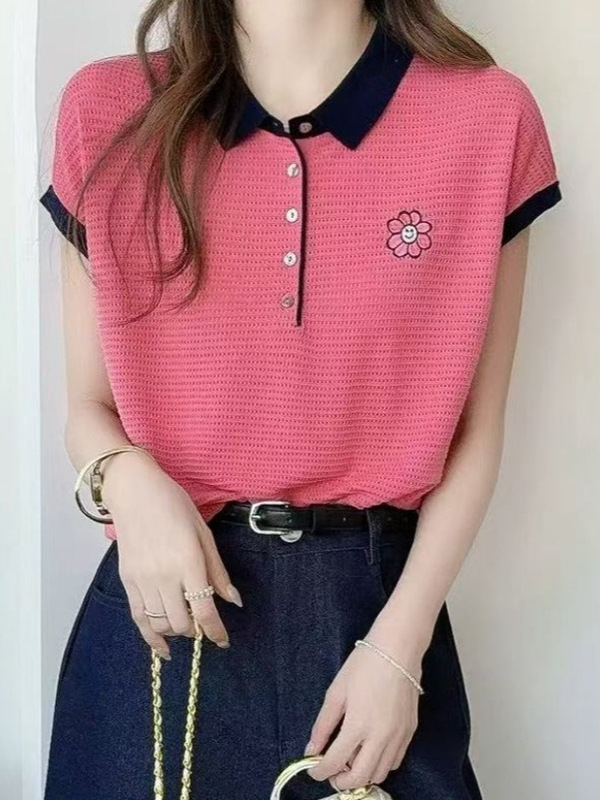 スマイリーフェイスひまわり刺繍薄手半袖セーター夏の気質スリムハーフブレストカラーブロックラペルトップ女性用|undefined