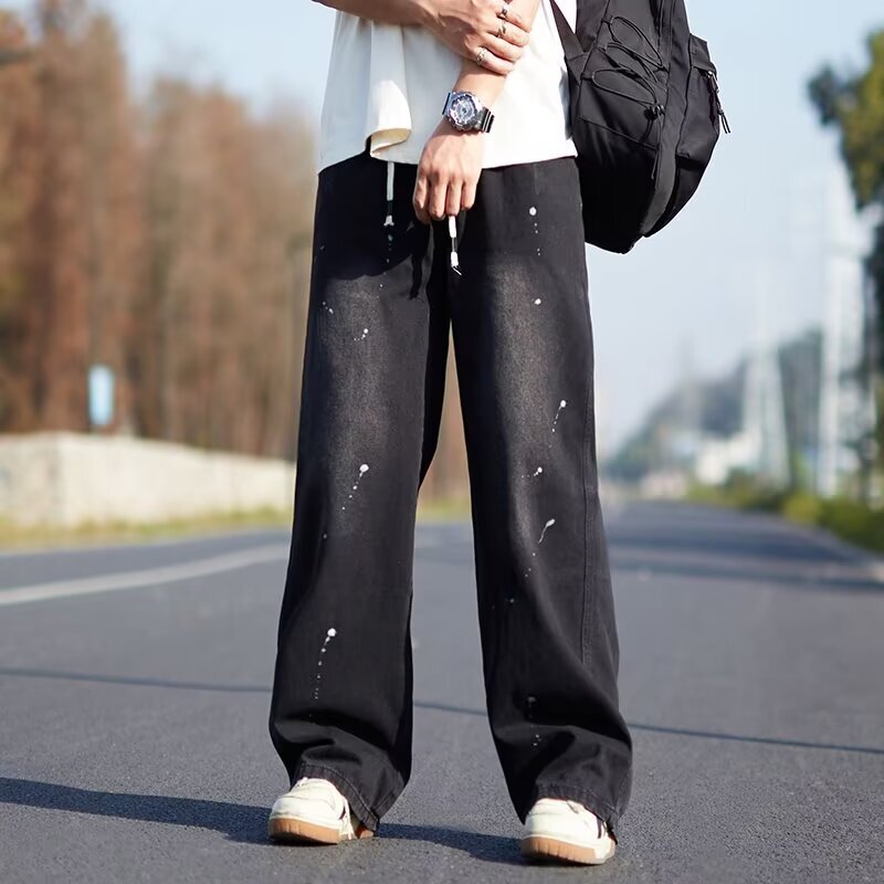 Straight Leg Loose Jeans Men's Spring and Autumn Trendy Brand Niche Splash Ink Casual Pants Stacked Black Wide Leg Pants