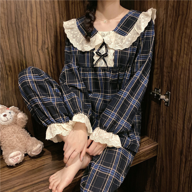 ins甜美学院风睡衣女长袖花边娃娃领渐变格网红直播家居服可外穿|undefined