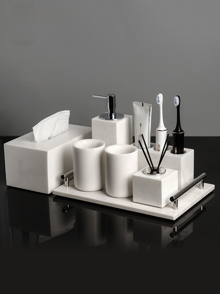 Juego de lavado de baño de mármol de lujo ligero, bandeja de baño, caja de pañuelos, artículos de baño de hotel de estilo europeo