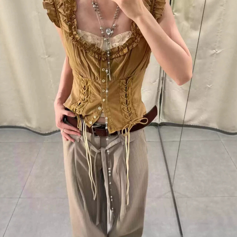 2026 Summer New Style Sleeveless U-Neck Washed Effect Poplin Bow Tie Blouse Top 7521029