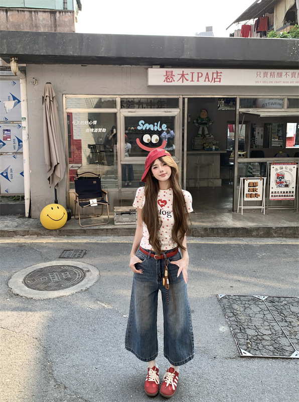 Letter Printing Round Neck Short-Sleeved Shoulder T-Shirt Women's Summer Slim-Fit Korean Style Sweet Design Sense Slimming Short Top