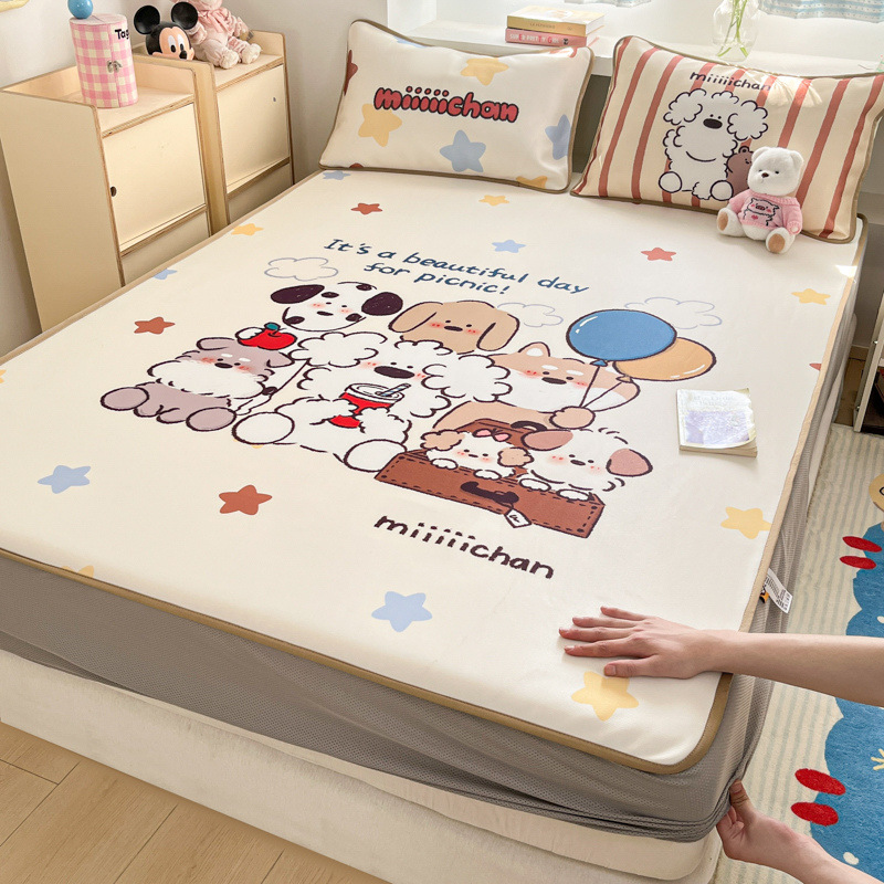 Sombrilla de cama de seda de hielo de verano, cubierta protectora de colchón para niños todo incluido, dormitorio, cubierta de cama individual, juego de tres piezas