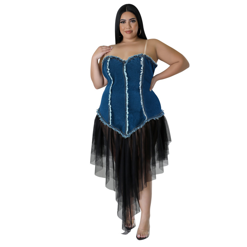 Damen Plus Size Kleid Mit Denim Patchwork Und Mesh Für Jeden Anlass_voghion.com