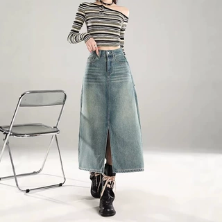 十三行春夏新款高腰修身复古怀旧蓝开叉牛仔半身裙女包臀中长裙