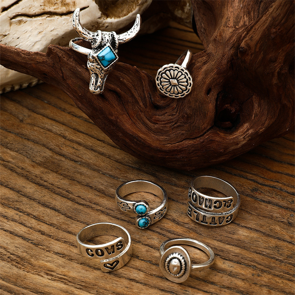 December Birthstone Turquoise Inlay Material Retro Ethnic Style Cowboy Style Geometric Letter Heart Shape Alloy Plating Inlay Turquoise Women's Open Rings