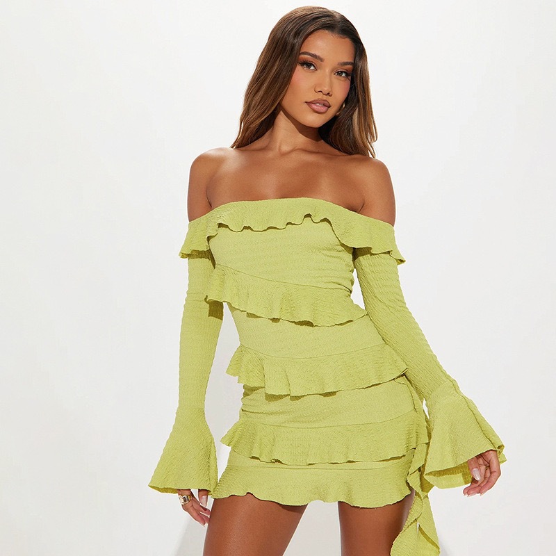2024 otoño de ropa de mujer europea y americana nuevos productos de moda manga larga manga de cuerno una palabra hombro borde de loto corta vestido corto image 7