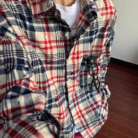 美式复古拼色条纹长袖衬衫男撞色磨破设计感小众宽松情侣衬衣外套
