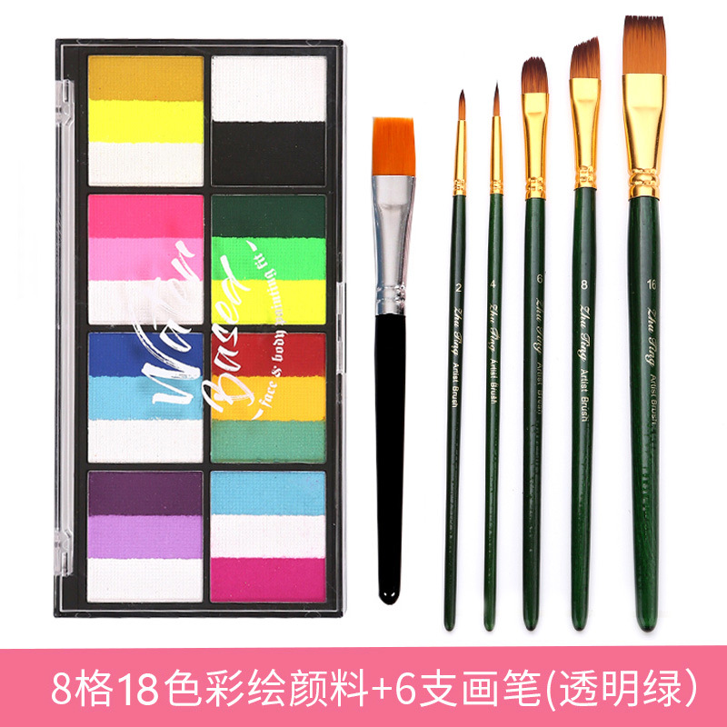 Pintura soluble en agua de tres colores de 8 rejillas (que contiene 1 pluma) + 5 cepillos de pelo de dos colores verdes transparentes