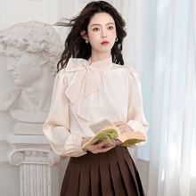 2025新款感缎面衬衫设计感小众衬衣法式气质欧根纱蝴蝶结上衣