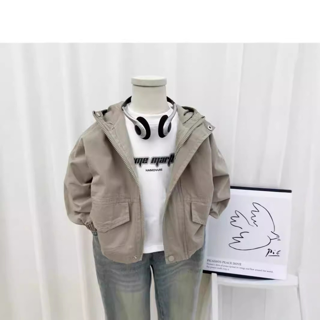 Chaqueta con capuz para niños primavera y otoño 2026 nuevo estilo coreano de algodón para niños de color sólido exterior chaqueta casual cardigan